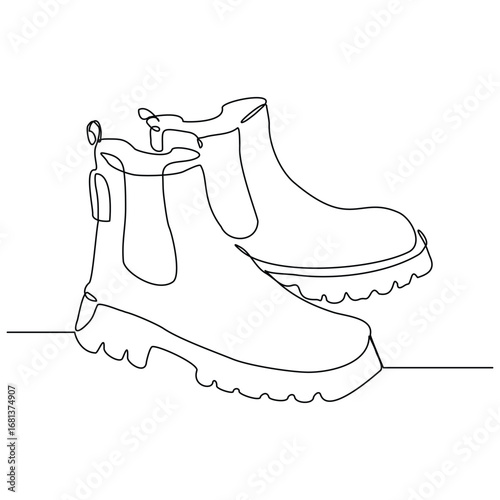 Continuous line of man work or hiking boots. Single one line drawing editable stroke of safety hiking boots. Vector illustration