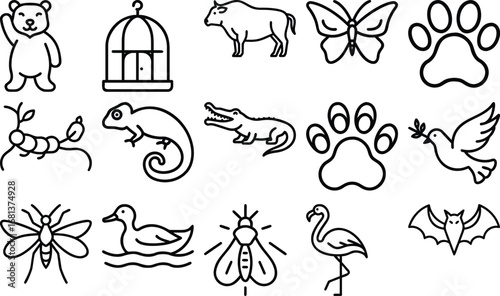 Vector art of collection of animal and insect line art illustrations