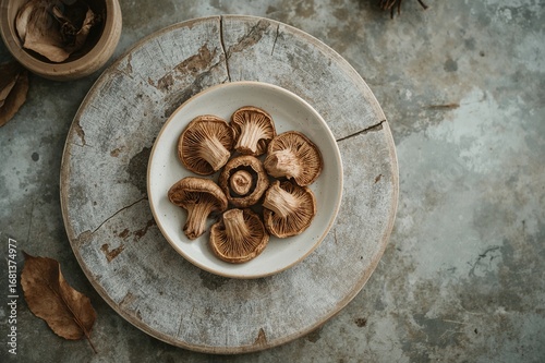Dried porcini mushroom fragments arranged on a ceramic dish atop a weathered gray wooden surface, with a vintage filter.