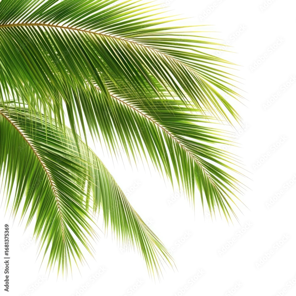 Fototapeta premium Close-up of vibrant green palm fronds against white