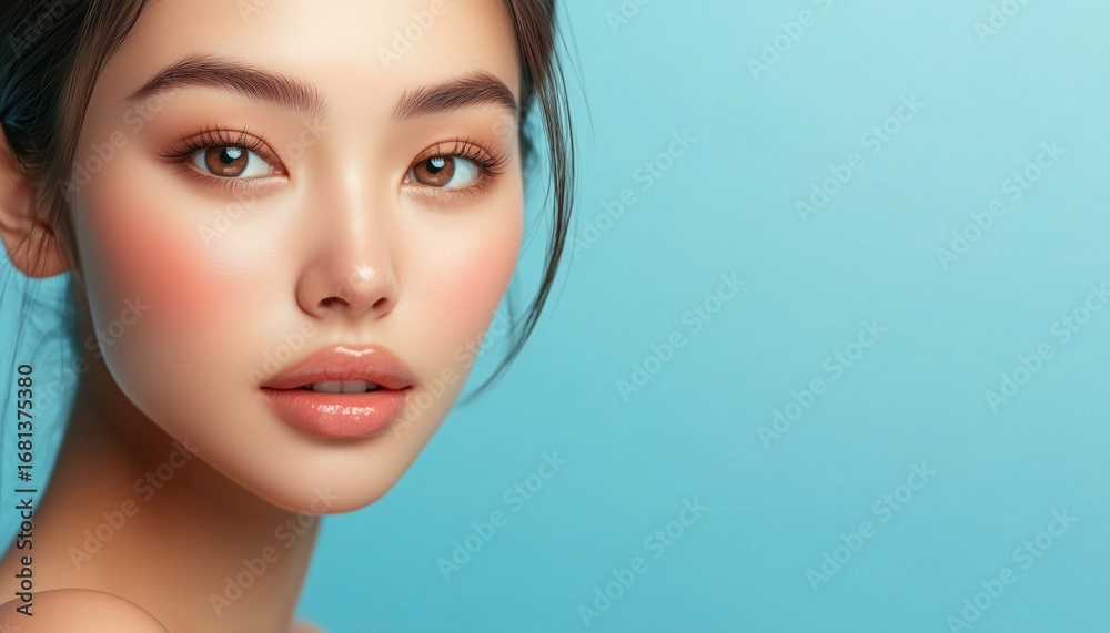 Naklejka premium Beautiful Asian Woman With Clean And Fresh Skin, Natural Makeup, And Sparkling Eyes On Blue Background. Expert Facial Treatment And Cosmetology Services For Beauty Enhancement.