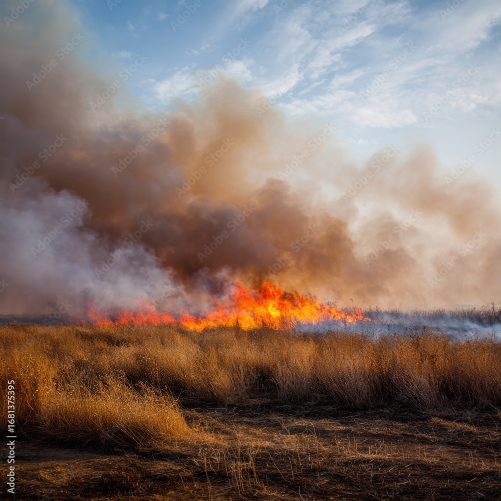 Naklejka premium Wildfire Inferno: Burning Grassland Landscape