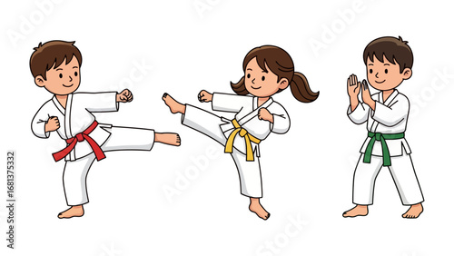 Young Karate Practitioners: Animated kids in crisp karate gis showcase the grace and focus of martial arts training, in a vibrant depiction of disciplined learning.