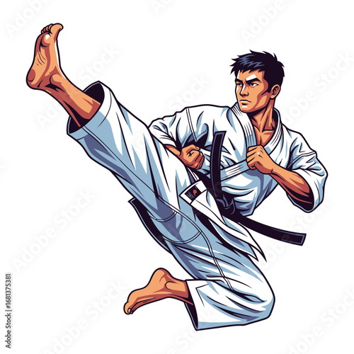 Karate Practitioner in Action: A dynamic illustration showcases a determined martial artist in a crisp white gi executing a powerful flying kick, embodying strength, discipline.