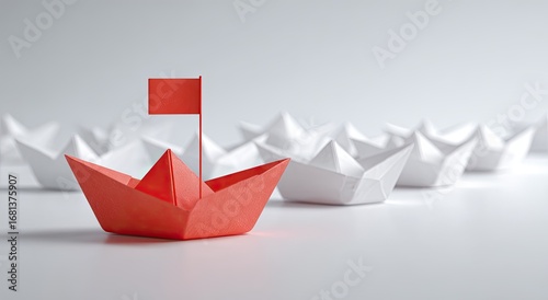 A single red paper boat, distinguished by its color, stands out among a group of identical white paper boats