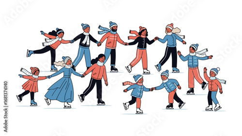 Winter Wonderland's United Dance: In a playful illustration, figures glide gracefully on ice skates, linking hands in a dynamic dance, their winter attire adding a cozy touch to the scene.