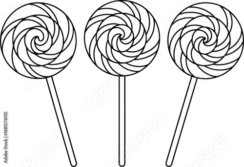 Three swirled lollipops on sticks isolated on white background