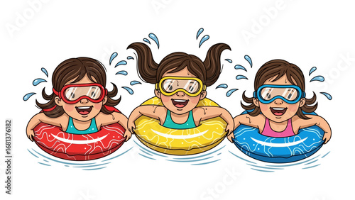 Summer Joy: Cheerful children, each with their own floating ring, are diving in the water, captured in a colorful and fun illustration, creating a delightful scene of summer enjoyment.