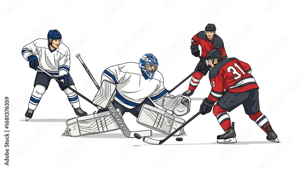 Obraz premium Hockey Showdown: Dynamic depiction of ice hockey action, players battling intensely, with a goalie defending their goal amidst the fast-paced, competitive play of the sport.