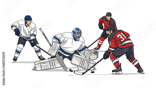 Hockey Showdown: Dynamic depiction of ice hockey action, players battling intensely, with a goalie defending their goal amidst the fast-paced, competitive play of the sport.