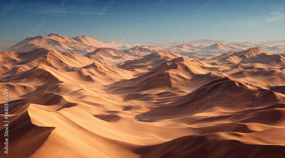 Fototapeta premium Vast desert mountains under a clear sky. Arid landscape, golden sand dunes, and rugged peaks stretch to the horizon. Warm sunlight illuminates the scene