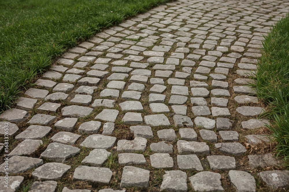 Fototapeta premium Vintage cobblestone surface with grassy texture and natural patterns