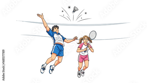 Badminton Match Illustration: A dynamic illustration capturing the energy of a badminton game, showcasing a player leaping to strike the shuttlecock and an opponent ready to return the shot. 