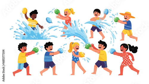 Splashing Summer: Captivating the spirit of playfulness, this photorealistic image unveils a cheerful group of children reveling in a spirited water fight under a sunny day. 