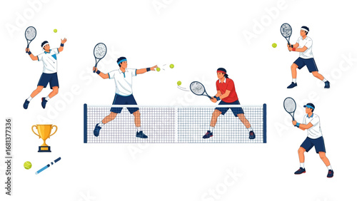 Tennis Match Illustration: Dynamic graphic shows players engaged in a spirited tennis match, capturing the intensity and action of the sport with rackets, net, and balls in vibrant detail.
