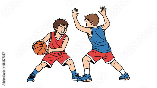 Basketball Showdown: A dynamic illustration captures the intensity of a basketball game, two athletes engaged in a fierce competition on the court, ball at the ready