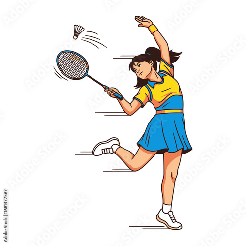 Badminton Action: An illustration of a badminton player executing a powerful overhead stroke, showcasing dynamic energy and athletic prowess.