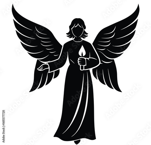 Serene Black and White Angel Silhouette Holding Candle, Peaceful Memorial Design, Spiritual Symbol
