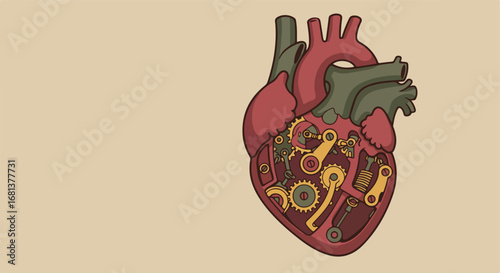 Inspecting Mechanical Heart, Internal Gears Exposed on Tan Background