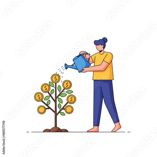 A flat vector illustration of a person watering a money tree. This clean, modern icon is perfect for symbolizing financial growth, business investment, and saving money.