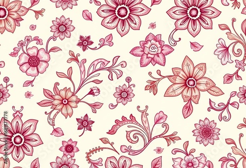 Beige pink seamless floral paisley pattern, hand-drawn texture for fabric, pretty, fantasy