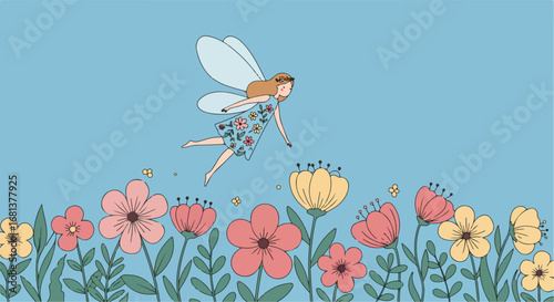 Fairy is Flying Among Flowers, Springtime in a Pastel Colored Field