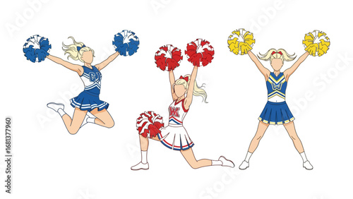 Cheerleader Performance: Energetic cheerleaders in vibrant uniforms execute dynamic routines, showcasing athleticism and team spirit with colorful pom-poms.