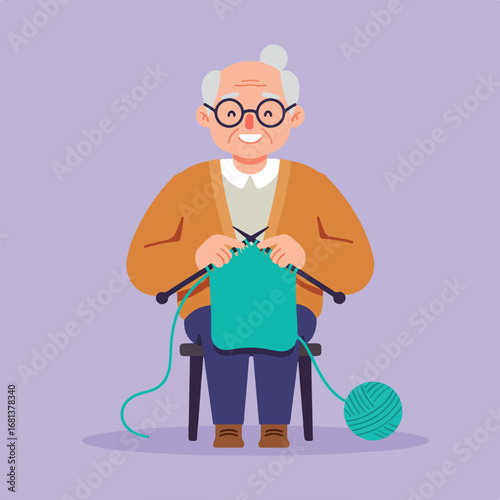 Grandma Knitting Turquoise Scarf at Home on Violet Background