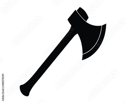 Black and White Silhouette of a Hand Axe; Simple, Bold Graphic Design; Strong, Powerful Image.