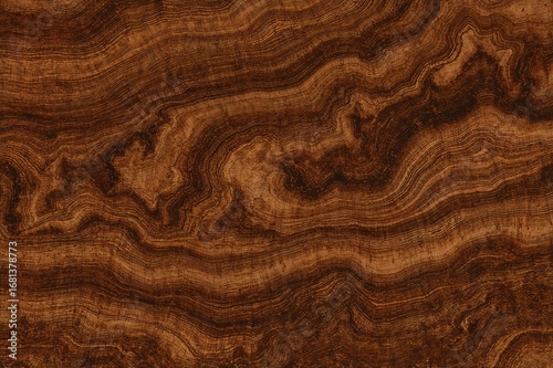 Mahogany veneer with rich copper hues and elaborate swirling designs
