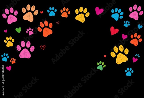 Whimsical dark background, colorful dog art, paw prints, hearts,  design element,  vector