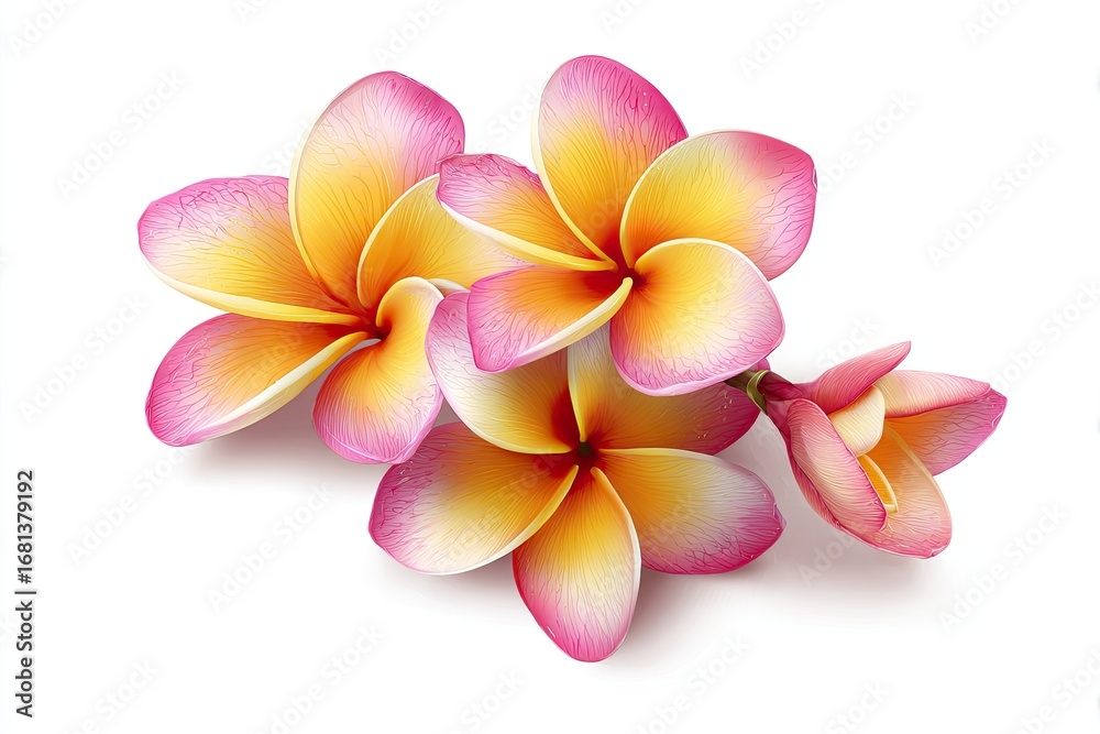 Obraz premium Close-up of three plumeria blossoms, vibrant yellow-orange centers, with soft pink edges, arranged casually on a white background