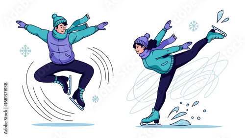 Graceful Ice Skating: Capture the beauty and elegance of ice skating, a solo figure skater executing precise movements, complemented by another skater’s dynamic leap.