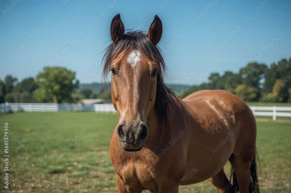 Obraz premium A brown, gray, and black horse standing patiently before riding practice at the equestrian center