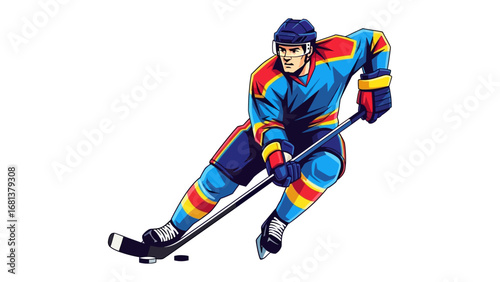 Ice Hockey Player Action Shot: A dynamic illustration of an ice hockey player in motion, skillfully handling the puck with his stick.