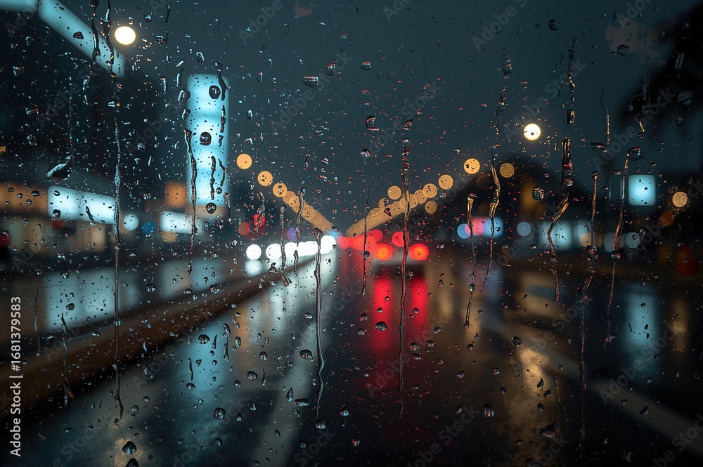Obraz premium Water droplets slide down a window with vibrant, out-of-focus nightlights and slick streets in the background.