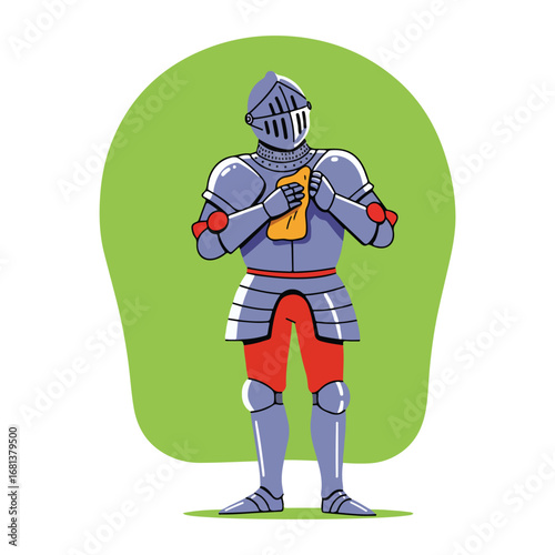 , keywords, and category based on the image

 Knight Holds Mobile Phone on Green Background, Comic Medieval Character