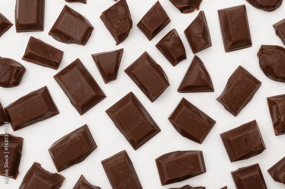 Fototapeta premium Chunks of tasty milk chocolate set against a white background