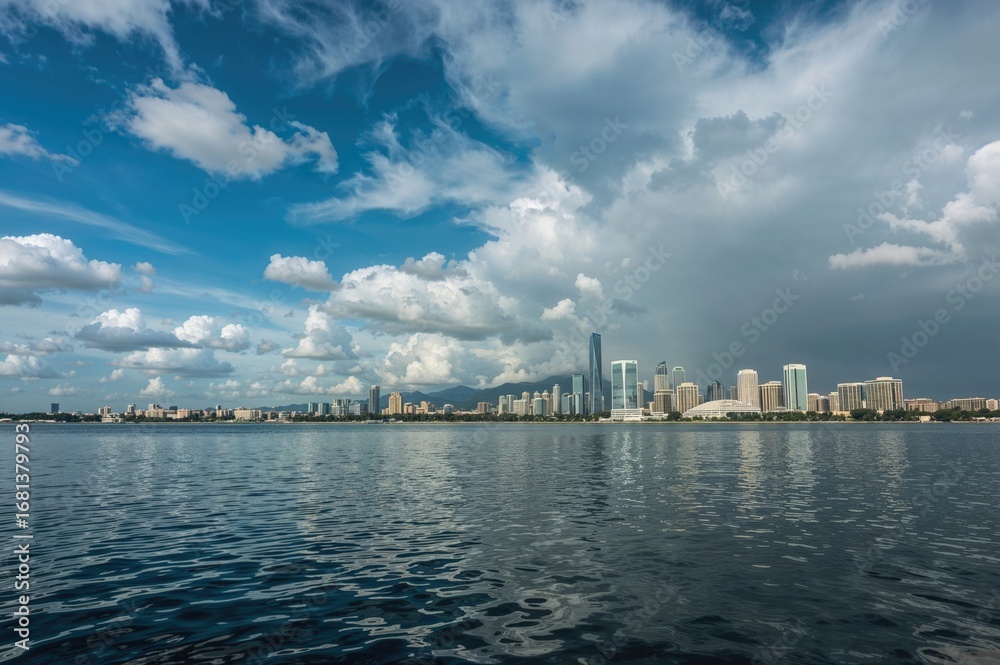 Naklejka premium Wide-angle scenery following a rainfall with water, sky, travel, urban area, nature, structures, greenery, design, and rainbow elements