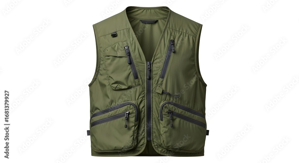 Naklejka premium Olive Green Multi-Pocket Utility Vest for Outdoor Activities, Fishing, Hunting, and Photography, Isolated