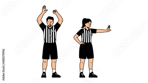 Referee Signaling: A pair of referees, attired in their official uniforms, engage in synchronized signaling, emphasizing authority and control within the sporting context.