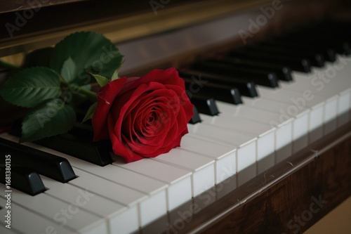 Red rose laying on piano ke...