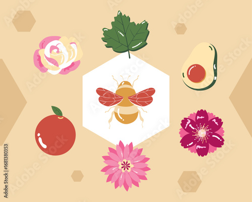 Nature Elements Vector Set: Avocado, Orange, Flowers, and Bee