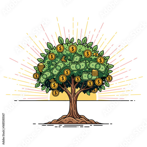 A minimalist vector illustration for future investment projects. A money tree stands against a sunrise, representing long-term financial planning and growth.