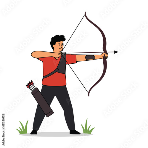 Archer Aiming Bow and Arrow on Grassy Field, Outdoor Target Practice