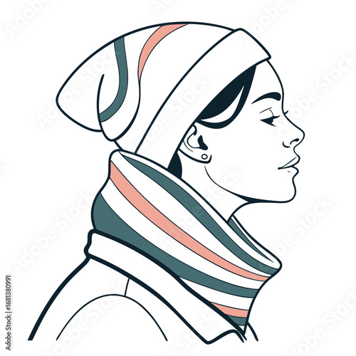Striking line art profile of a woman wearing beanie and scarf for fashion design or branding projects