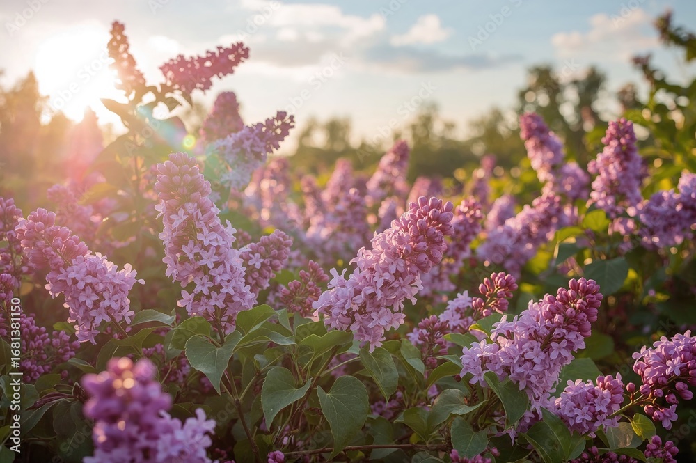 Obraz premium Wide-angle shot of a colorful spectrum illuminating violet blossoms with ample text area.