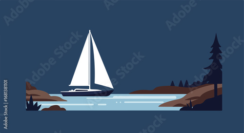 Sailboat Sailing Near Shoreline on Calm Waters