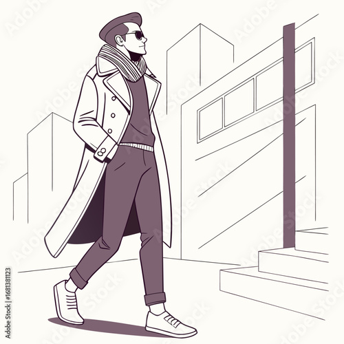 Stylish man walking confidently through city streets in a modern overcoat and trendy sunglasses