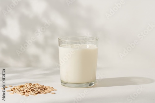 Glass of oat milk on a brig...